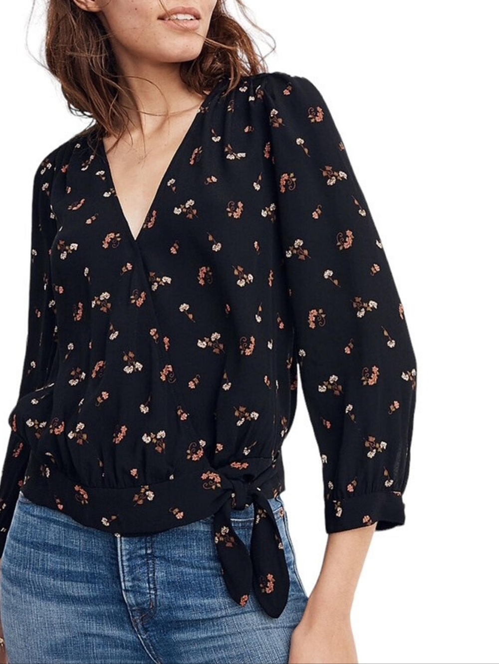 Madewell Black Floral Print Wrap Front Tie Blouse Top